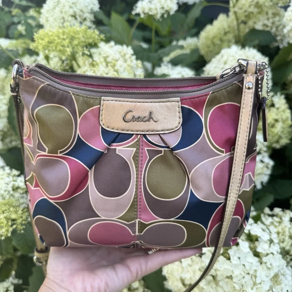 Coach Multicolor Logo Zip Crossbody Bag Detachable Strap Silver Hardware